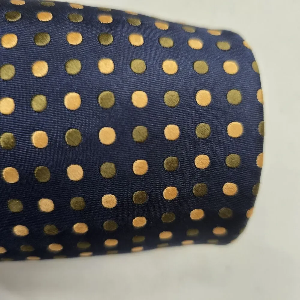 Jos A Bank Mens Neck Tie Navy Blue Gold Olive Green Polka Dot Pattern Silk USA